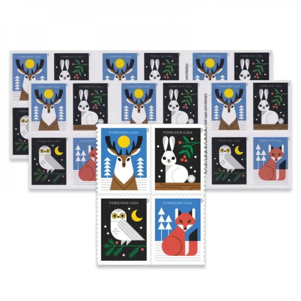 2023 Winter Woodland Animals Forever Postage Stamps (a Deer. Fox. Rabbit. and Owl 2023 Winter Woodland Animals Forever Postage Stamps (a Deer. Fox. Rabbit. and Owl